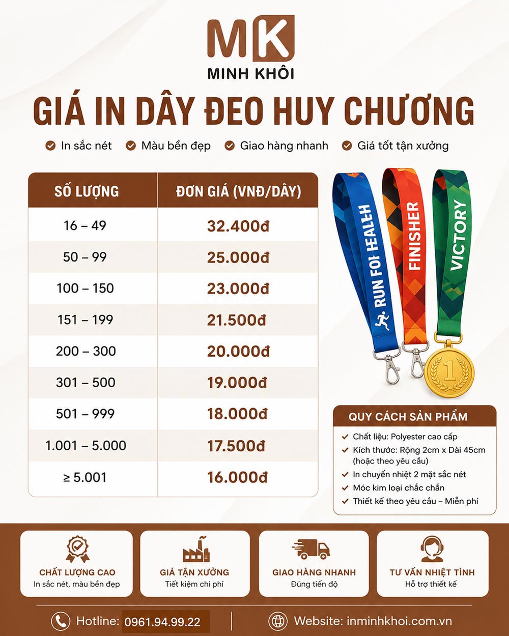bảng báo giá in dây đeo huy chương, huân chương